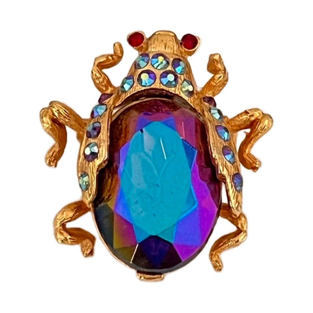 Vintage 1950s Insect Brooch Aurora Borealis Gold Tone Mid Century Figural – 1K